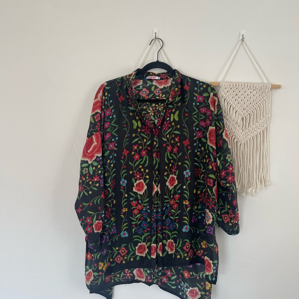 Johnny Was 100% Silk Floral Tunic Button Down Shirt Boho